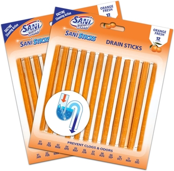 Sani Sticks Drain Cleaner and Deodorizer, Enzyme Pipe Cleaners, Eliminate Odors, Prevent Clogged Drains, Safe for Sinks, Bathtub Drains, Septic Tanks, 24 Count, Orange Scent
