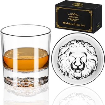 Whiskey Glasses, Lion Pattern Thick Bottom, 10.6oz Old Fashioned Glasses for Whiskey, Gin, Vodka, Whiskey Glasses Set of 2, Gift for Men, Father's Day Gift