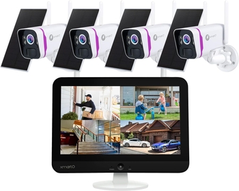 Solar Powered Wire-Free 4MP Home Solar Security Camera Wireless System with Screen(All-Weather Solar Charge, AI Motion Detection,Spot Light and Siren,SD & Cloud Storage