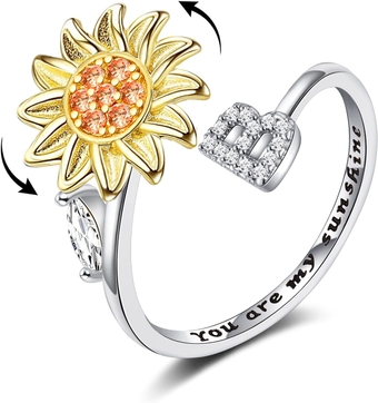 925 Sterling Silver Initial Fidget Rings for Women You Are My Sunshine Sunflower Anti-Anxiety Adjustable Cubic Zirconia Anxiety Spinner Ring