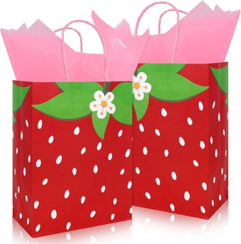 16Pcs Strawberry Gift Bags with 20 Sheets Pink Tissue Paper Red Paper Party Favor Bags with Handles Fruit Goodie Treat Bags for Sweet One Birthday Baby Shower Party Supplies