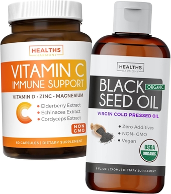 Bundle of Black Seed Oil Liquid & Vitamin C - Immune Fusion Booster Pack - Organic Black Seed Oil Liquid (8fl oz) Premium Cold-Pressed Nigella Sativa & Vitamin C Immune Support (Non-GMO)(60 Capsules)