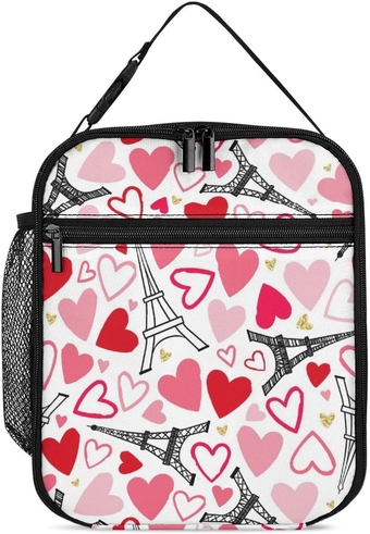 Paris Eiffel Tower And Red Heart Lunch Bag Insulated Lunch Tote Box Eiffel Tower Seamless Reusable Picnic Lunch Boxes for Work Travel Picnic Hike Beach-Summer Lunch Box