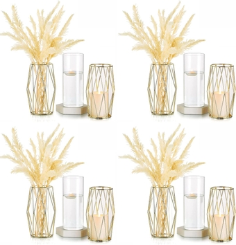 Metal Geometric Candle Holders Vases Gold,  8.5in Large Hurricane Candle Holder for Pillar Floating Candles, Wide Bulk Modern Lantern Decorative Glass Vase Centerpieces for Table Wedding, 8pcs