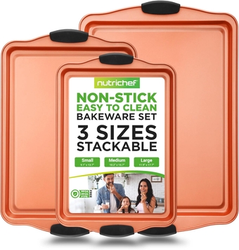 3 Piece Baking Pan Set - PFOA, PFOS, PTFE Free Flexible Nonstick Carbon Steel Bakeware Set - Home Kitchen Bake Pan Cookie Sheet Stackable Baking Tray Set w/Black Silicone Handles NCSBS3S45