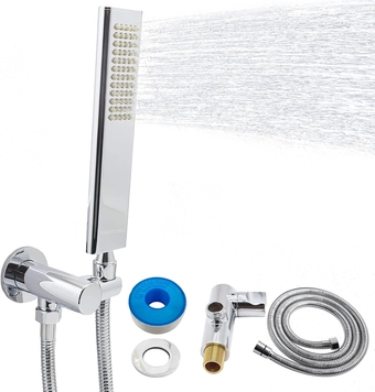 Solid Brass Handheld Shower Head Arc Design High Pressure Polished Chrome Hand Shower Wand with Adjustable Supply Elbow Wall Connector Shower Holder and 59″ Stainless Steel Hose Set