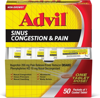 Sinus Congestion and Pain, Sinus Relief Medicine, Pain Reliever and Fever Reducer with Ibuprofen and Phenylephrine HCl - 50 Coated Tablets