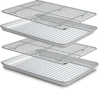 Baking Sheet with Cooling Rack Set(2 Pans+2 Racks) 17'',  Stainless Steel Baking Pan with Wire Rack, Heavy Duty Half Sheet Pan&Bacon Rack for Oven Cooking, Cookie Sheet, 17.1 x 12.2 x 1.1 Inch