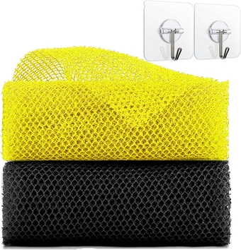 African Net Sponge with Wall Hooks, 2 Pieces African Exfoliating Net Long Bath Sponge Washcloth Body Scrubber Back Scrubber for Shower Skin Smoother Scrub Net African Wash Net Daily Use (Black+Yellow)
