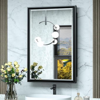 16x24 Recessed Medicine Cabinet Bathroom Vanity Mirror Black Metal Framed Surface Wall Mounted with Aluminum Alloy Beveled Edges Design 1 Door for Modern Farmhouse