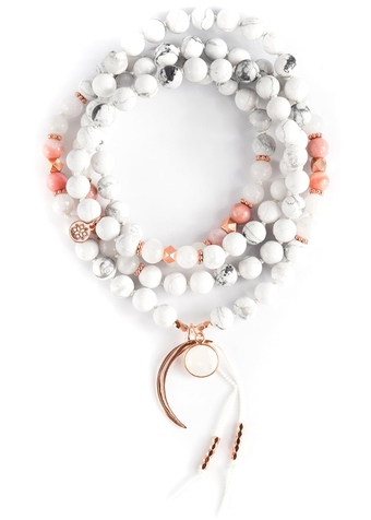Pink Moon Mala, 108 Gemstone Mala Beads, Howlite Moonstone Mala Necklace, Japa Mala Prayer Beads, Yoga Jewelry
