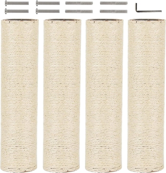 Cat Scratching Post Replacement 4 Pcs 12in Cat Tree & Tower Scratch Pole Refill Parts with M8 Screws Sisal Rope Cat Furniture Protector for Indoor Kittens Tree Tower (White)