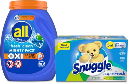 Laundry Detergent Pacs, Oxi plus Odor Lifter, 60 Count + Snuggle SuperFresh Fabric Softener Dryer Sheets with Static Control and Odor Eliminating Technology, Original, 200 Count