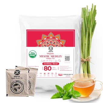 Organic Mystic Medley Tea (80 Tea Bags), Lemongrass Tea with Peppermint, & Tulsi Holy Basil leaves, Herbal Tea Soothing Tea, Calming tea, unsweetened tea, Caffeine Free, USDA Certified.