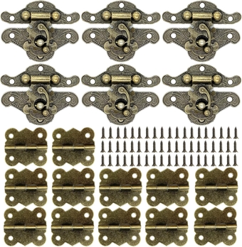 6Set Retro Design Jewelry Box Hinges and Antique Hasp Latch Decorative Cabinet Drawer Wooden Box Latch Buckle Vintage Bronze Engraved Mini Hinge Hardware Fittings with Screws Kit (Butterfly Hinge)
