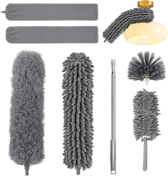 Microfiber Feather Duster, 7-Piece Set of Retractable Cleaning Dust Remover Combination for High Ceiling, Ceiling Fan, Spider Web (Gray) Gap Dust Remover