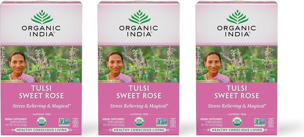 Organic India Tulsi Sweet Rose Herbal Tea - Holy Basil, Stress Relieving & Magical, Immune Support, Adaptogen, Vegan, USDA Certified Organic, Non-GMO, Caffeine-Free - 18 Infusion Bags, 3 Pack