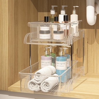 2 Tier Clear Under Bathroom Sink Organizers and Storage, Medicine Cabinet Organizer with Dividers,Pull Out Kitchen Pantry Shelf Cupboard Closet Vanity Organization Bins