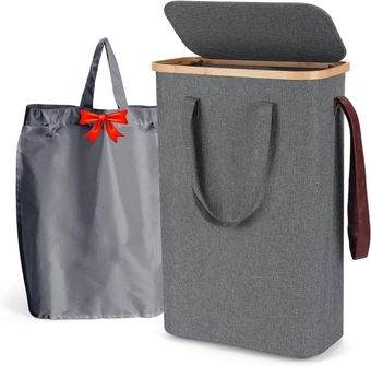 Slim Laundry Basket with lid, Collapsible Narrow Laundry Hamper with Removable Washable Laundry Bag, Thin Hamper Storage Basket Made of Bamboo and Oxford for Bedrooms, Bathroom, RV, 52L