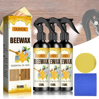 Natural Beeswax Spray Furniture Polish with Cotton & Sponge - Natural Micro-Molecularized Beeswax Spray, Wood Cleaner and Polish for Floor Table Chair Cabinet Home Furniture to Shine & Protect (3PCS)