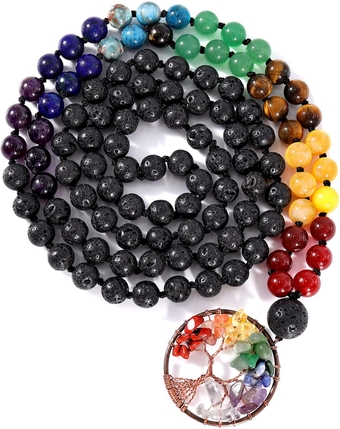 108 Mala Beads Necklace Tree of Life 7 Chakra Wrap Bracelet Real Healing Gemstone Yoga Meditation Hand Knotted Mala Prayer Bead Necklace