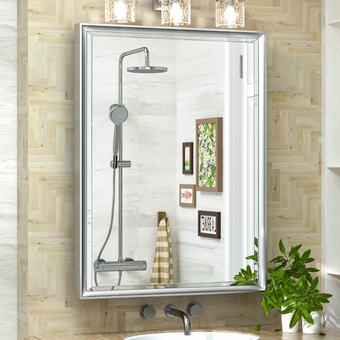 20x26 Recessed Medicine Cabinet Brushed Nickel Bathroom Vanity Mirror Silver Metal Framed Surface Wall Mounted with Aluminum Alloy Beveled Edges Design 1 Door for Modern Farmhouse