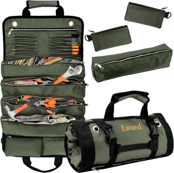Tool Roll Bag, Large Roll Up Tool Bag with 3 Detachable Pouches and 12 Small Tool Slots, 1680D Heavy Duty Roll Tool Bag Organizer for Mechanic, Plumber, Craftsman, Electrician, Carpenter