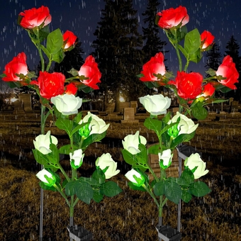 4 Pcs Solar Flowers Cemetery Grave Decorations Outdoor LED Flower Lights with 6 Rose Powered Garden Stake Lights Waterproof for Independence Day Grave Decorations(Red, White)
