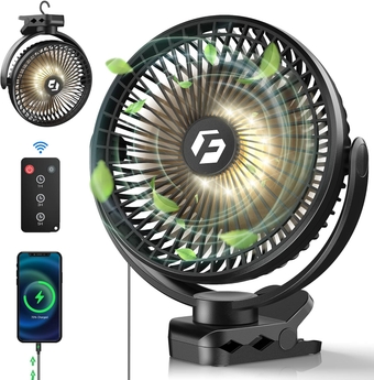 12000mAh 8 Inch Portable Clip On Fan,Battery Operated Camping Fan with lights and Remote, USB Fan Small Desk Fan Personal Quiet Fan for Office Stroller Bedroom and Camping