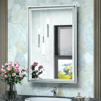 16x24 Recessed Medicine Cabinet Bathroom Vanity Mirror Silver Metal Framed Surface Wall Mounted with Aluminum Alloy Beveled Edges Design 1 Door for Modern Farmhouse