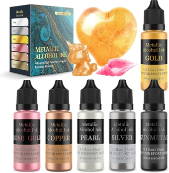 Metallic Alcohol Ink Set - 6 Color Metallic Alcohol Pigment Resin Dye, Concentrated Extreme Shimmer Alcohol-Based Inks for Epoxy Resin Yupo Tumbler Cups Acrylic Pouring Paint (15ml/.5 fl oz)