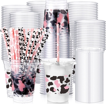 50 Sets Pink Cow Cup with Flat Lids and Straws 12 oz Pink Cow Plastic Cups Clear Drink Disposable Cups with Lids for Cow Themed Parties Summer Picnic Cow Print Birthday Baby Shower