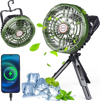 Camping Fan with LED Lantern, 10400mAh Rechargeable Portable Tent Fan with Detachable Tripod, Power Bank, 180°Head Rotation, Quiet Motor Perfect Battery Operated USB Fan for Picnic, Barbecue, Fishing