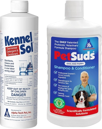 1-Step Kennel Cleaner 1 Pint and PetSuds Probiotic Shampoo and Conditioner for Dogs 16 oz Lavender Scented Bundle