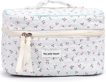 Makeup Bag Large Travel Quilted Cosmetic Makeup Bag Organizer, Floral Cotton Coquette Aesthetic Toiletry Bag for Women Girls (Cherry-L)