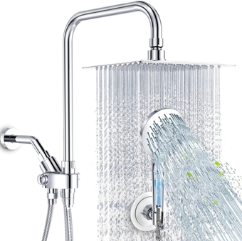 Dual Square Shower Head with Handheld Combo Shower Wand with Filter Metal 8 Inch Rain Showerhead with 71 Inch Extra Long Hose 3-Way Diverter Height Angle Adjustable Extension Arm