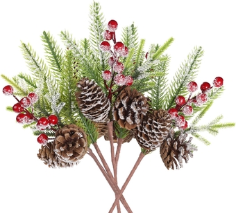  10Pcs Christmas Red Berry Picks 10inch Artificial Holly Branches with Red Berry & Pine Cones, Winter Holiday Floral Picks for Xmas Tree DIY Crafts Holiday Party Decoration
