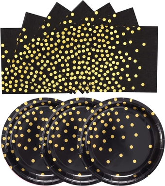 Black Gold Paper Plates and Napkins-100 PCS-50 x 7''Dessert Plates & 50 x 6.5''Napkins,Gold Dots Paper Plates Party Supplies,for Birthday,Graduation,Retirement,Father's Day
