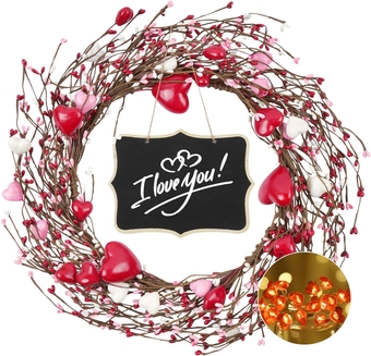 Martine Mall 17.7In Valentine's Day Wreath, Red Pip Berry Valentine Wreath with Red Love Heart Fairy String Light, Valentines Day Front Door Wreath for Home Wedding Anniversary Party Gift Indoor Decor