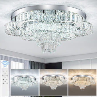 21 Inch Crystal Chandeliers with Remote Control LED Chandelier Modern Mount Flush Mount Ceiling Light Fixtures for Living Room Bedroom Dining Room Closet (Dimmable)