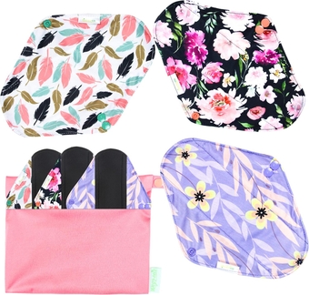 Rayon Made from Bamboo Charocal Reusable Menstrual Pads - Reusable Sanitary Pads | Reusable Panty Liners | Soft Cloth Menstrual Pads - 6 Pack with 1 Cloth Mini Wet Bag (Medium, Flower 02）