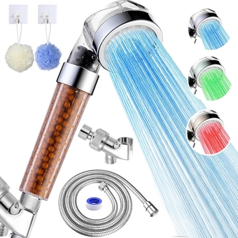 LED Shower Heads Color Changing, 8PCS Mineral Shower Heads 3 Color Light Change Automatically High Pressure Filtered with Hose Holder PTFE Tape Hook&Bath Balls, Handheld for Dry Skin & Hair