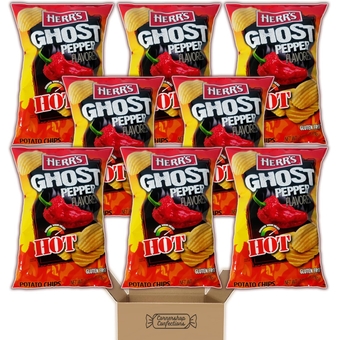 Herr's Ghost Pepper Flavored Potato Chips 8 Bag Bulk Pack - 8 Individually Sealed Bags of HOT Ripple Chips - Friendly Challenges, Movie Night, School Snack - In Cornershop Confections Box
