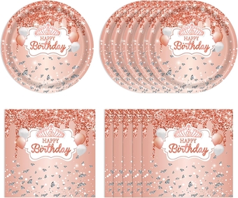 40PCS Pink Rose Gold Birthday Party Supplies Rose Gold Birthday Tableware Set 20 Plates and 20 Napkins Pink Rose Gold Theme Birthday Party Decoration for Girls Women