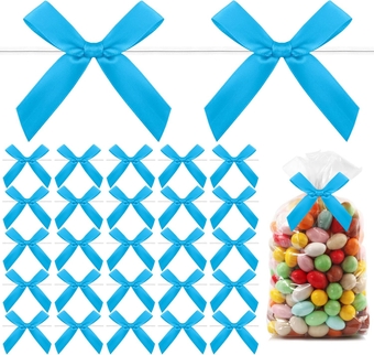 Twist Tie Bows for Treat Bags, 30 Pcs Mini Blue Bows for Gift Wrapping, Halloween Christmas Small Satin Ribbon Bows for Crafts, Premade Tiny Bows Bowknot Gift Wrap Bows for Cake Pop Bows DIY Candy Bag