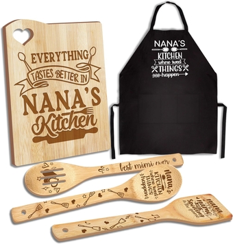 Nana Gifts, Christmas Kitchen Gifts for Nana from Grandkids, Birthday Gift Wooden Cutting Board with Cooking Utensils Set with Apron Set, Great Grandma Nana Xmas Santa Stocking Stuffer Gift
