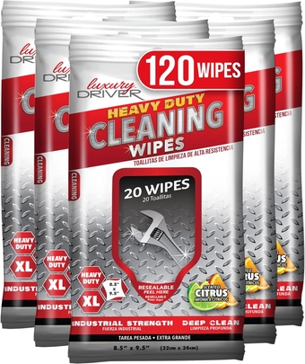Car Cleaning Wipes - Heavy Duty All Purpose Cleaning Supplies for Home, Car, and Workshop - Citrus Scented Wet Wipes - 6 Resealable Packs