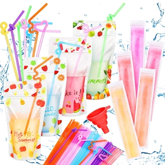 200 Pieces Drink Pouches and Ice Mold Bags Zipper Freezer Tubes and Stand-up Bag with 100 Pieces Straws and a Funnel