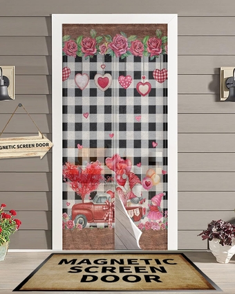 Screen Door 38"x83" Valentines Door Screen Magnetic Closure, Black Plaid Love Heart Tree Red Truck Gnomes Roses Hands Free Magnetic Screen Door for Single/Sliding/Front Door
