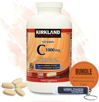 Bundle Kirkland Vitamin C w/Rose HIPS & Citrus Bioflavonoids Complex (Vitamin C 1000mg) - 500 Vitamin C Supplement Tablets & Multi-Purpose Key Chain